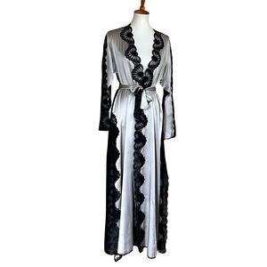 Vintage Fernando Sanchez Silk Lace Robe Pewter Gray Black